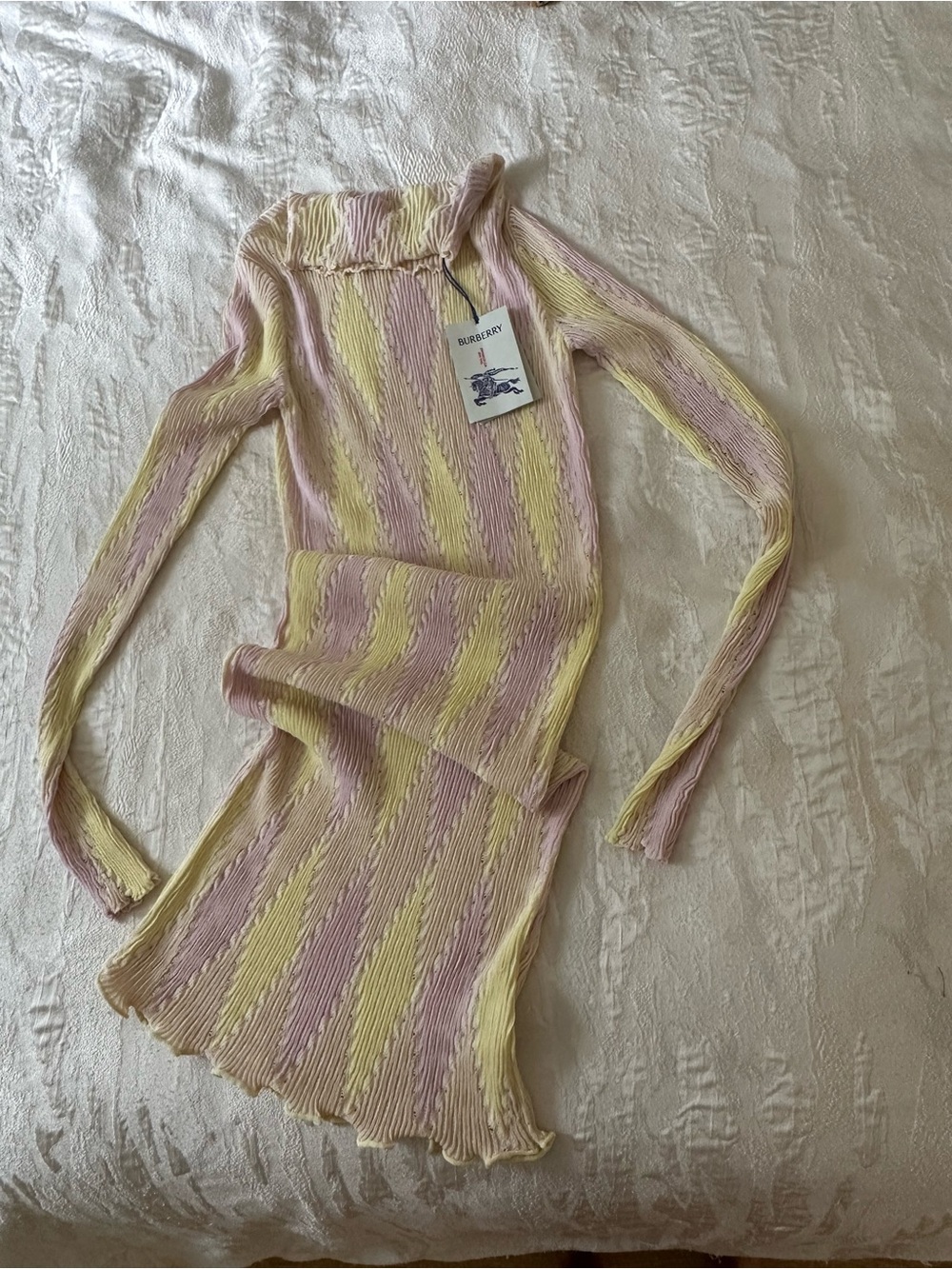 Burberry Striped Ribbed Knit Dress Top - Pink & Yellow
